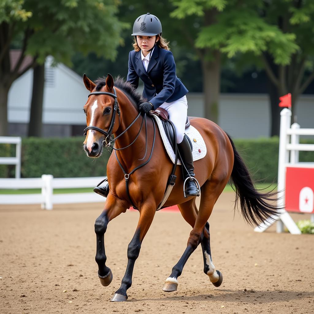 Rider and Pony in Show Ring: A young rider on a pony navigating a course of jumps during a competition.