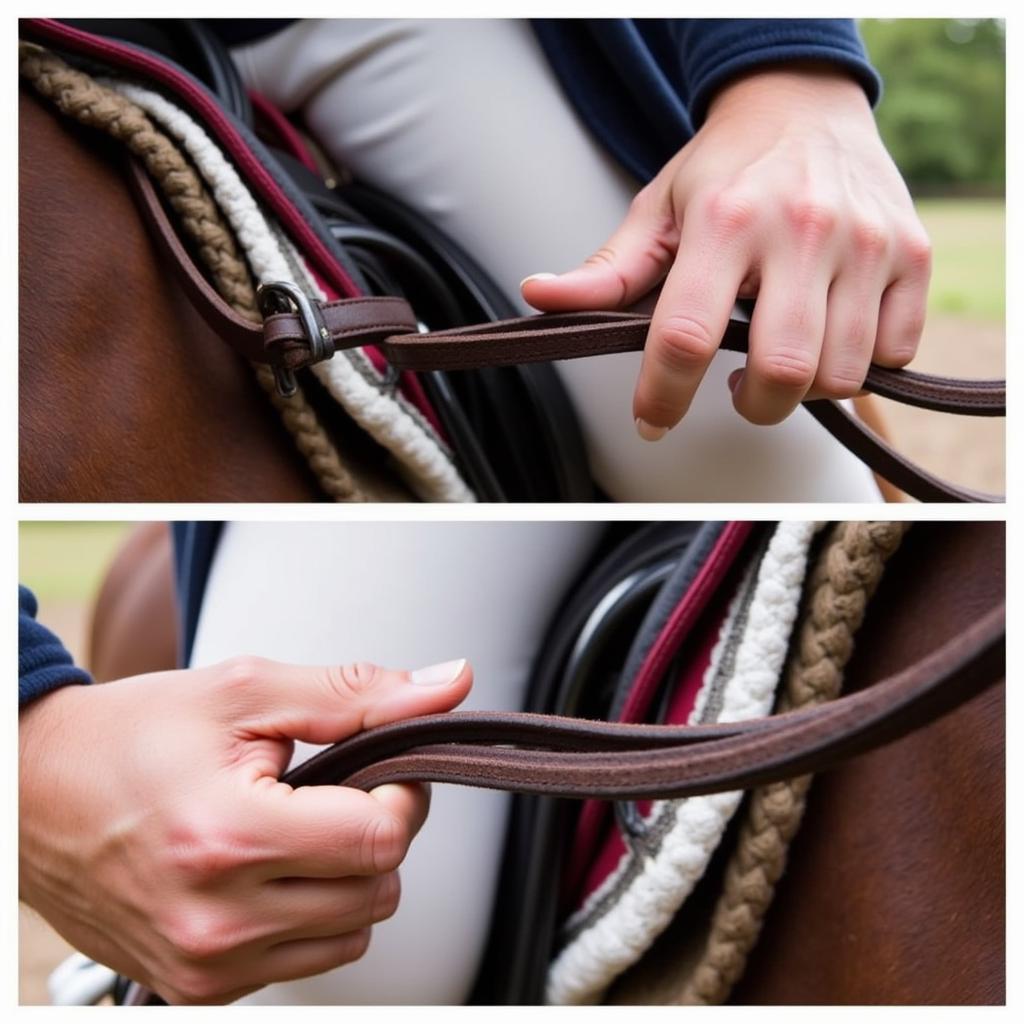 A rider demonstrating the correct way to hold leather horse reins