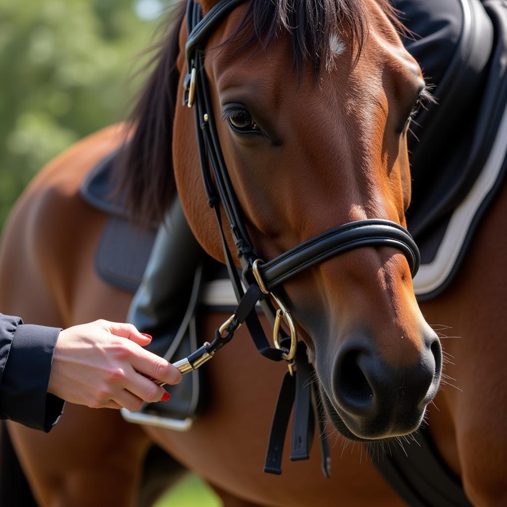 A rider demonstrates the gentle and correct use of a riding crop. 