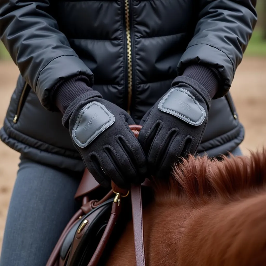 Equestrian with gloves gripping reins