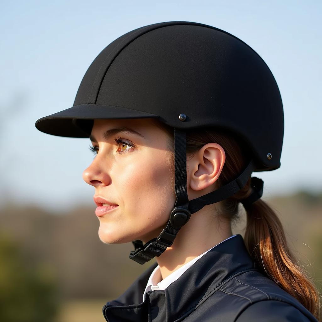 Equestrian wearing a helmet while riding