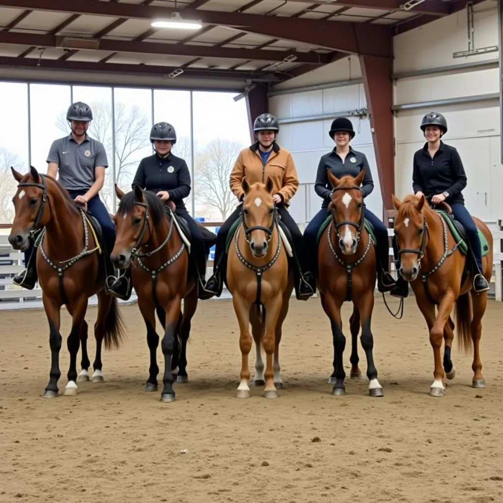 A group of riders enjoying an exciting lesson in the riding arena