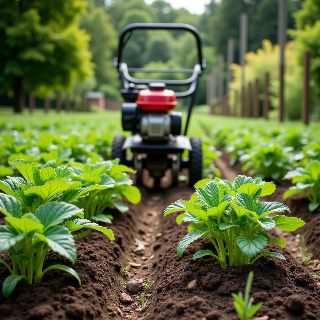 Thriving vegetable garden with rows perfectly tilled using an old Troy-Bilt Horse tiller.