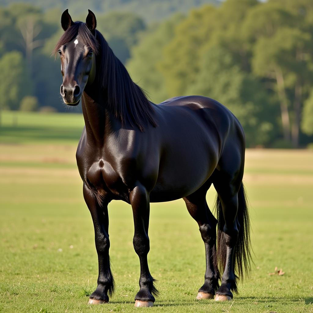 Black stallion with flowing mane standing tall in a field, embodying the spirit of a Royale horse