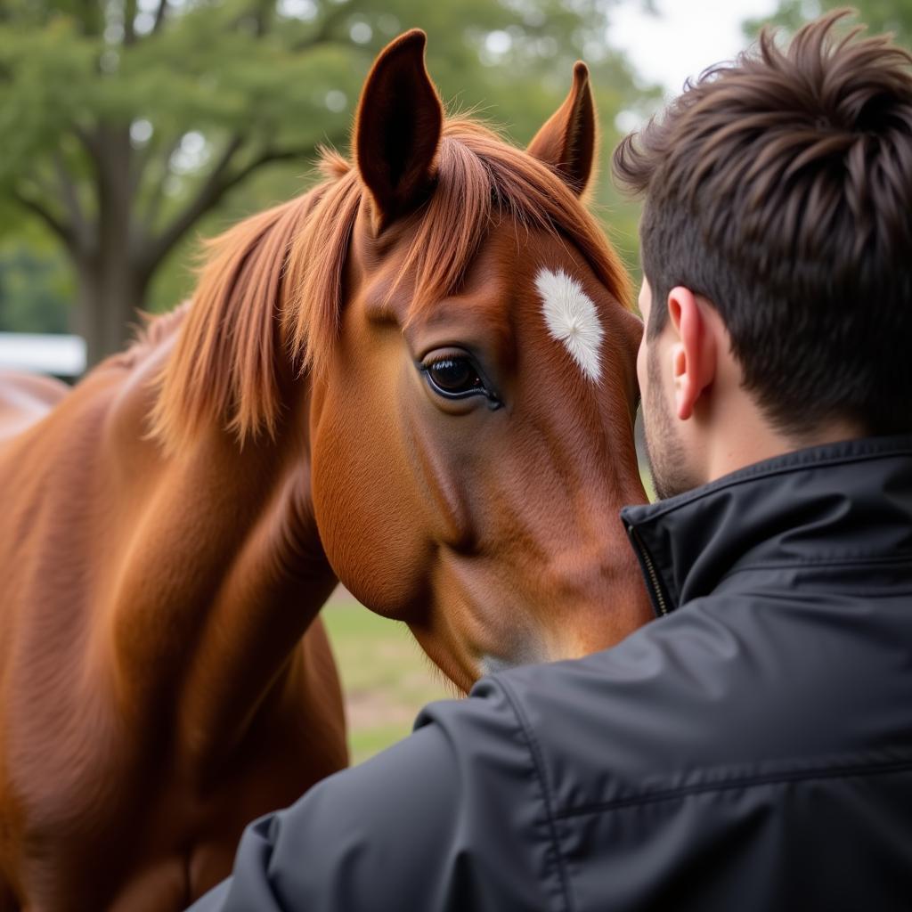 A chestnut gelding nuzzling its owner affectionately, showcasing the strong bond that can develop between humans and Royale horses