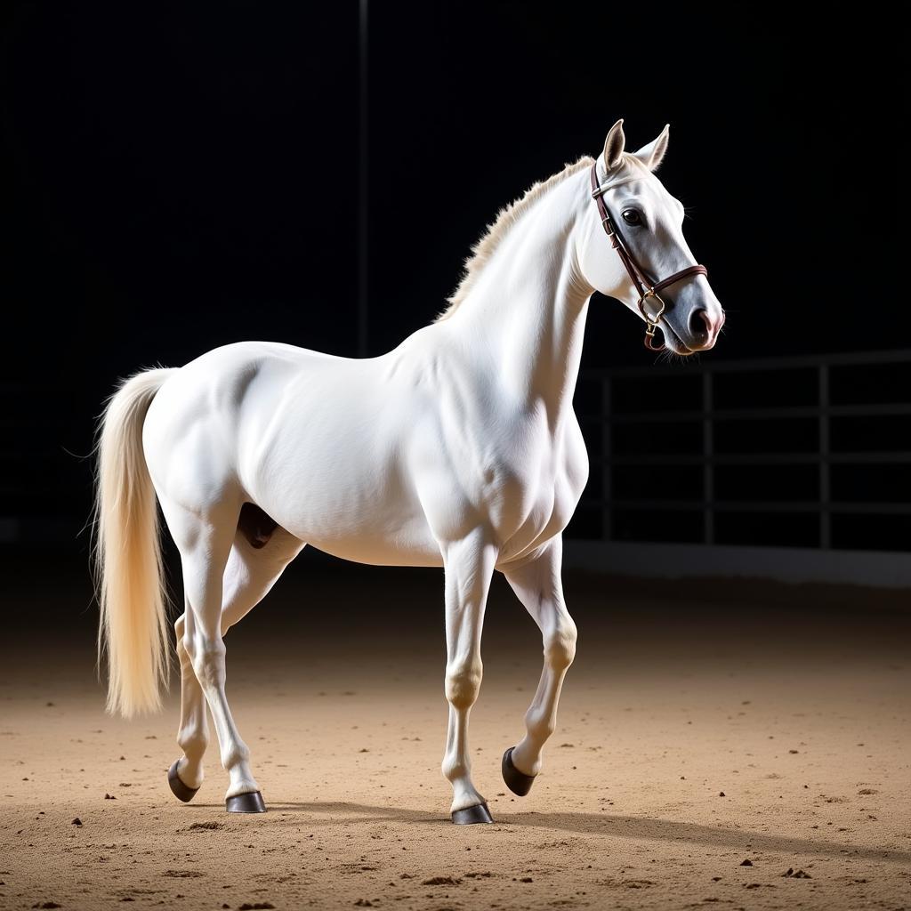 White mare elegantly performing dressage movements in a professional arena, demonstrating the grace and athleticism associated with the Royale horse