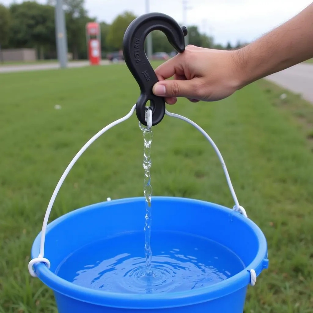 Rubber-coated horse bucket hook holding a filled water bucket in a stable