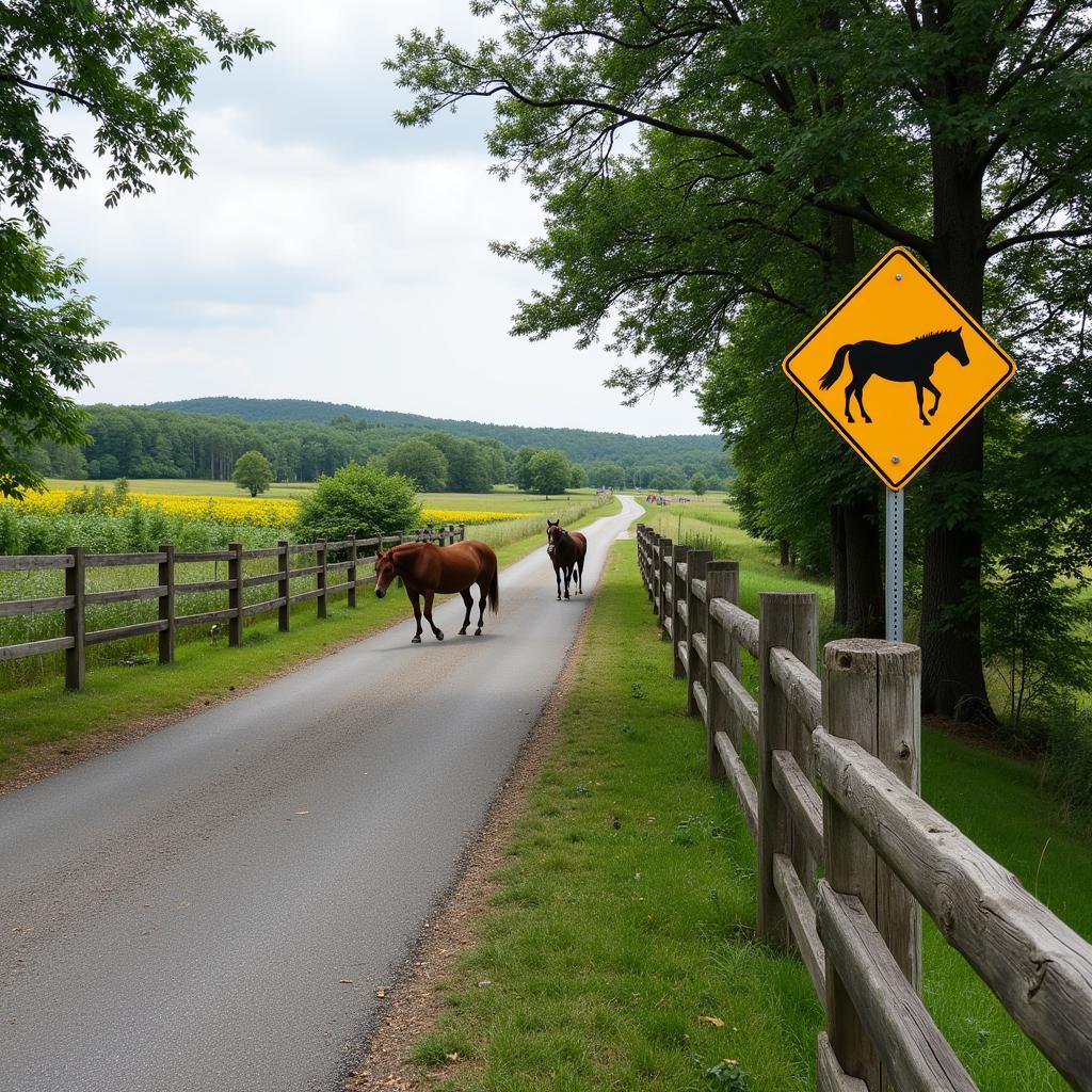  Rural Road with Horse Crossing Sign and Fencing 