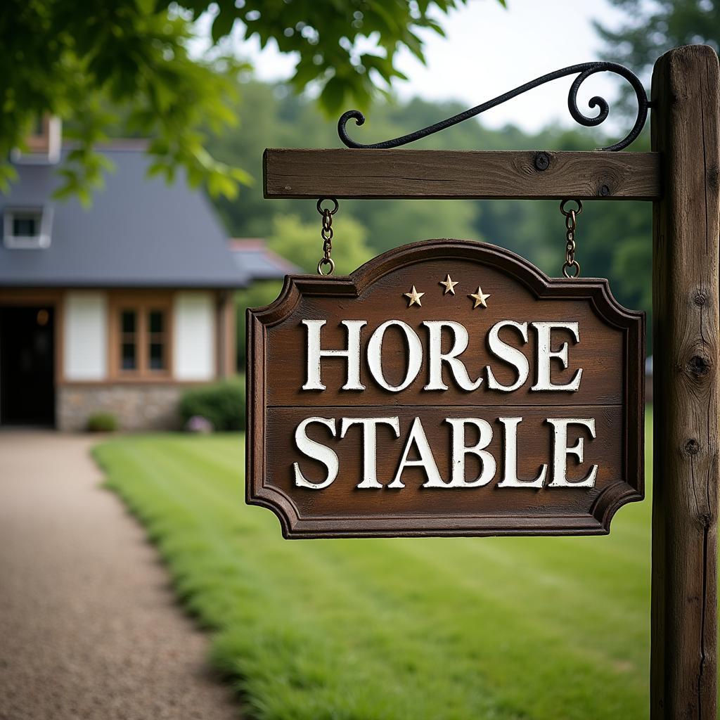 Wooden sign for a horse stable with a picturesque backdrop