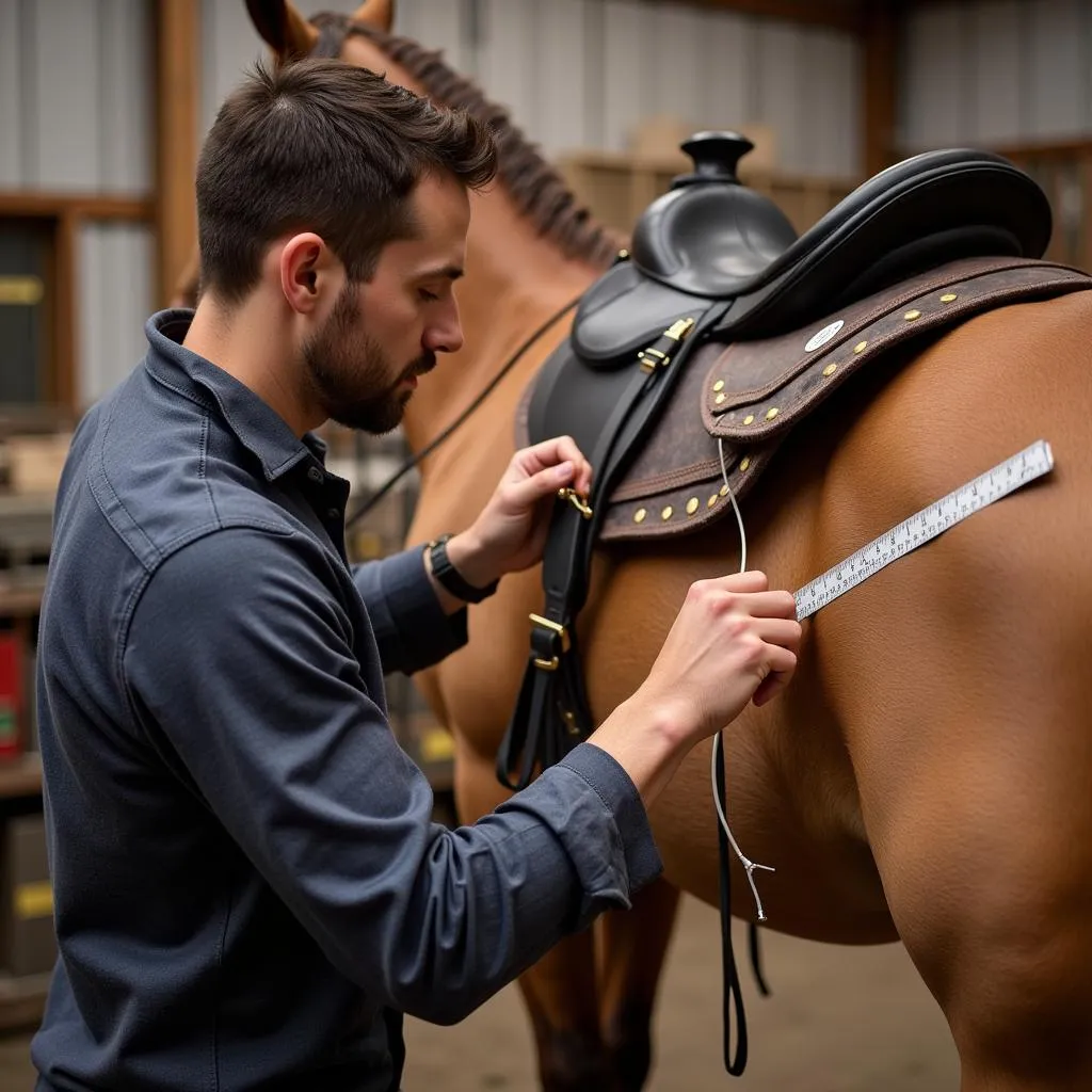 Saddle fitter using a measuring tool on a horse's back