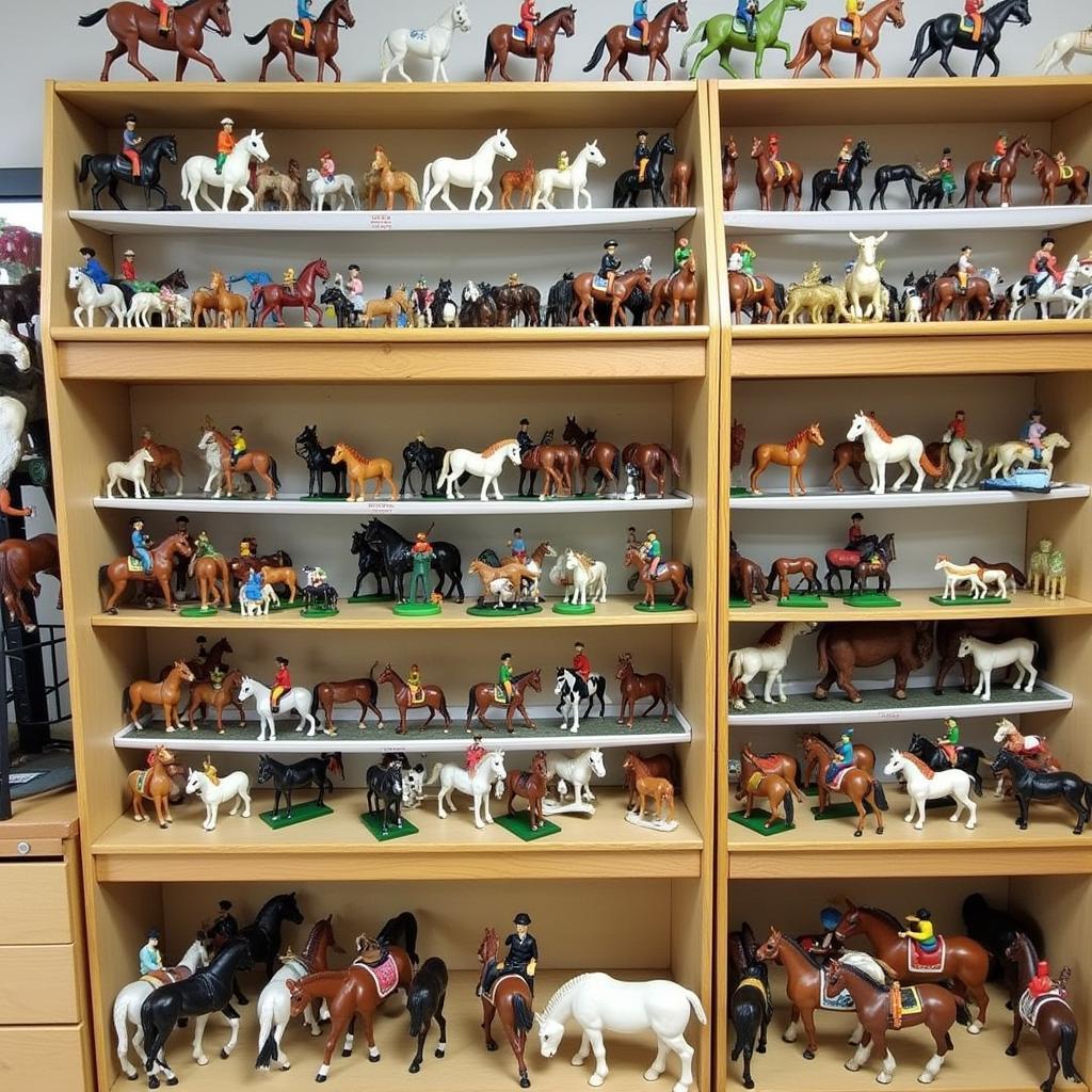 A collection of Schleich horses and riders displayed on shelves