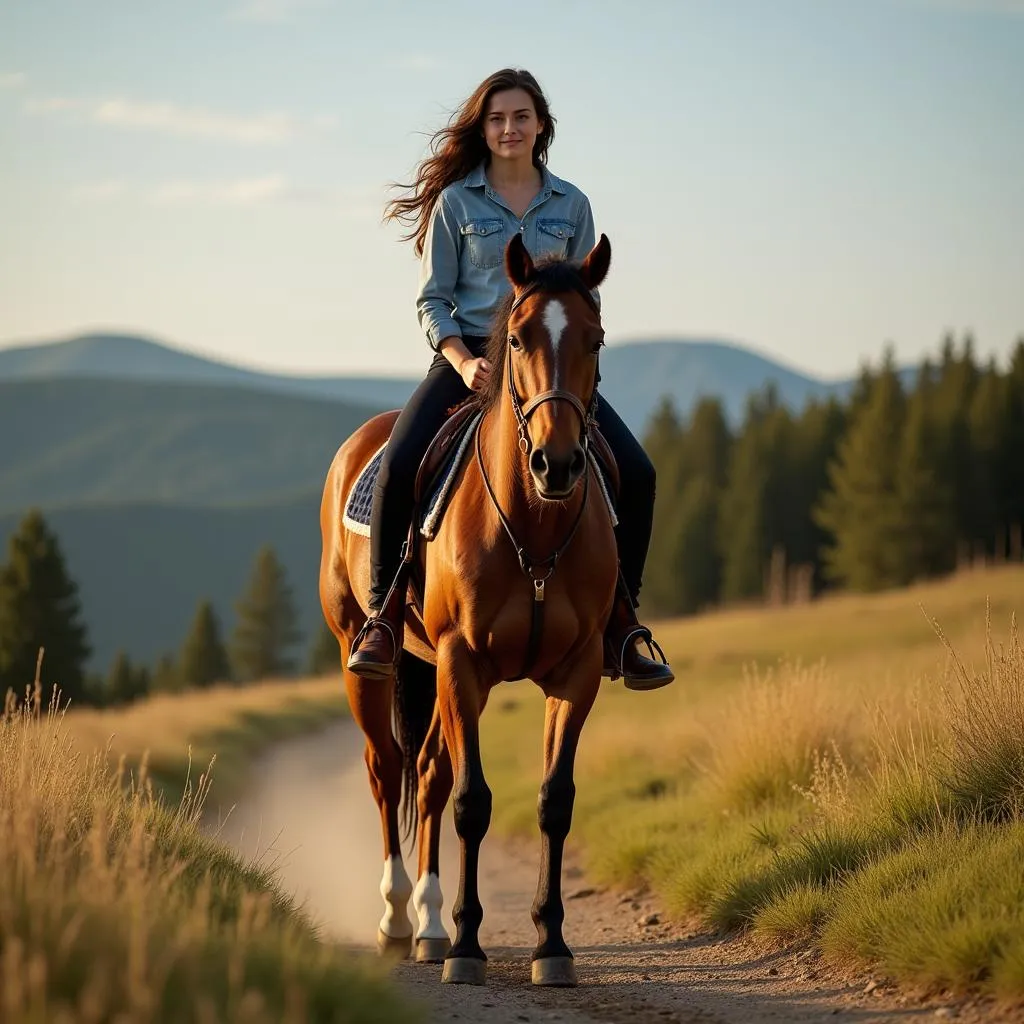 A young woman enjoying a bonding moment with her secret crush horse during a leisurely ride