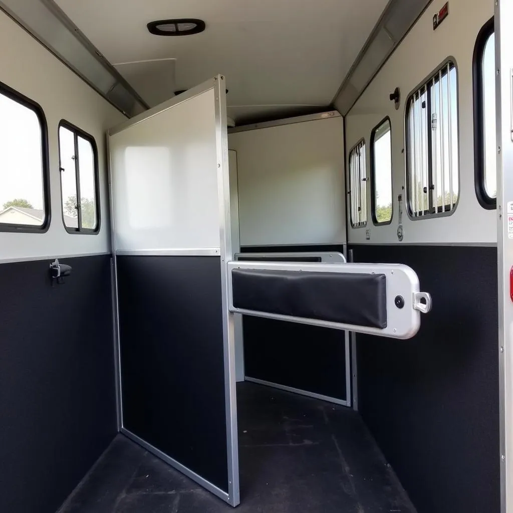 Spacious and well-ventilated stalls inside a Shadow 3 horse trailer