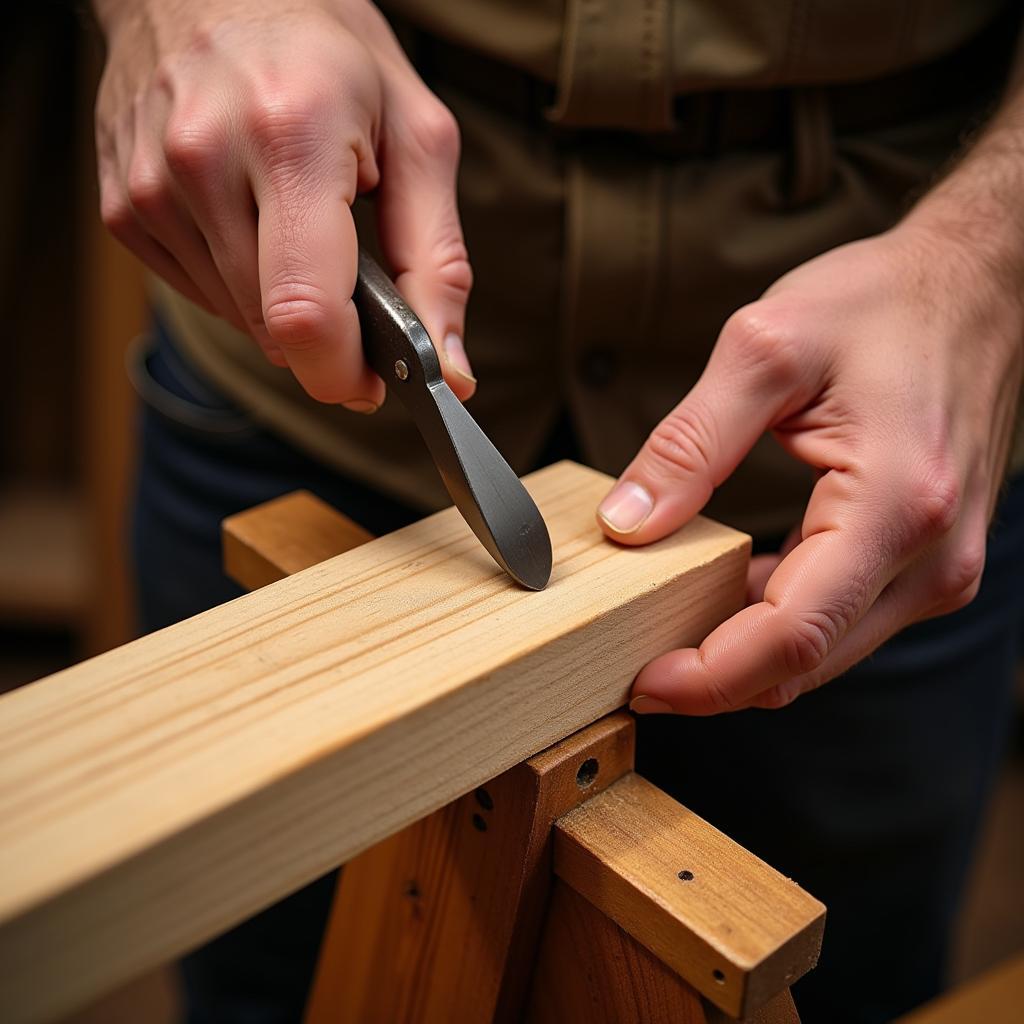 Close-up of hands skillfully using a drawknife to shape wood on a shaving horse