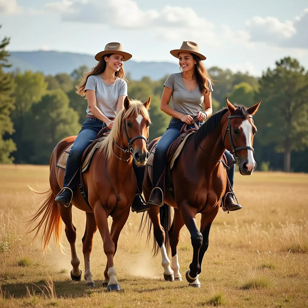 A group of women riding horses in a field