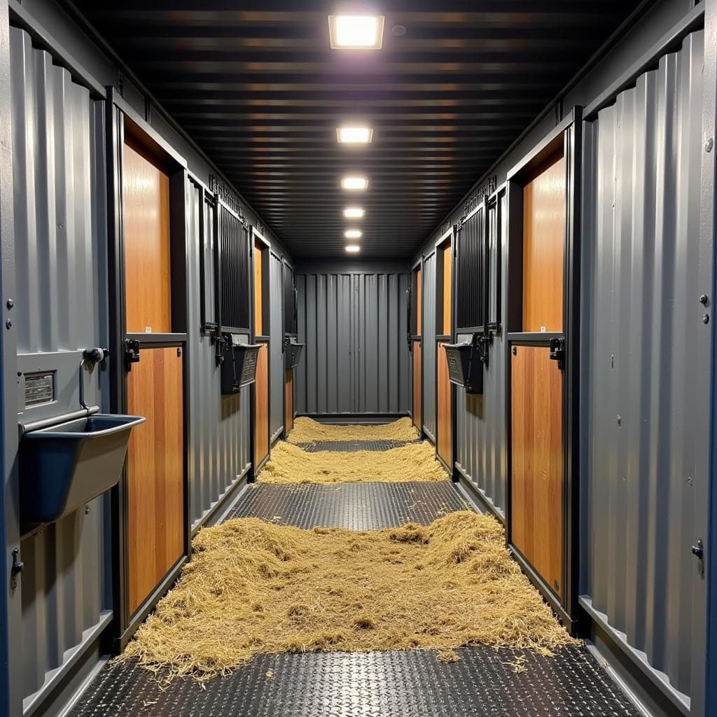 Spacious and well-lit interior of a shipping container horse stall