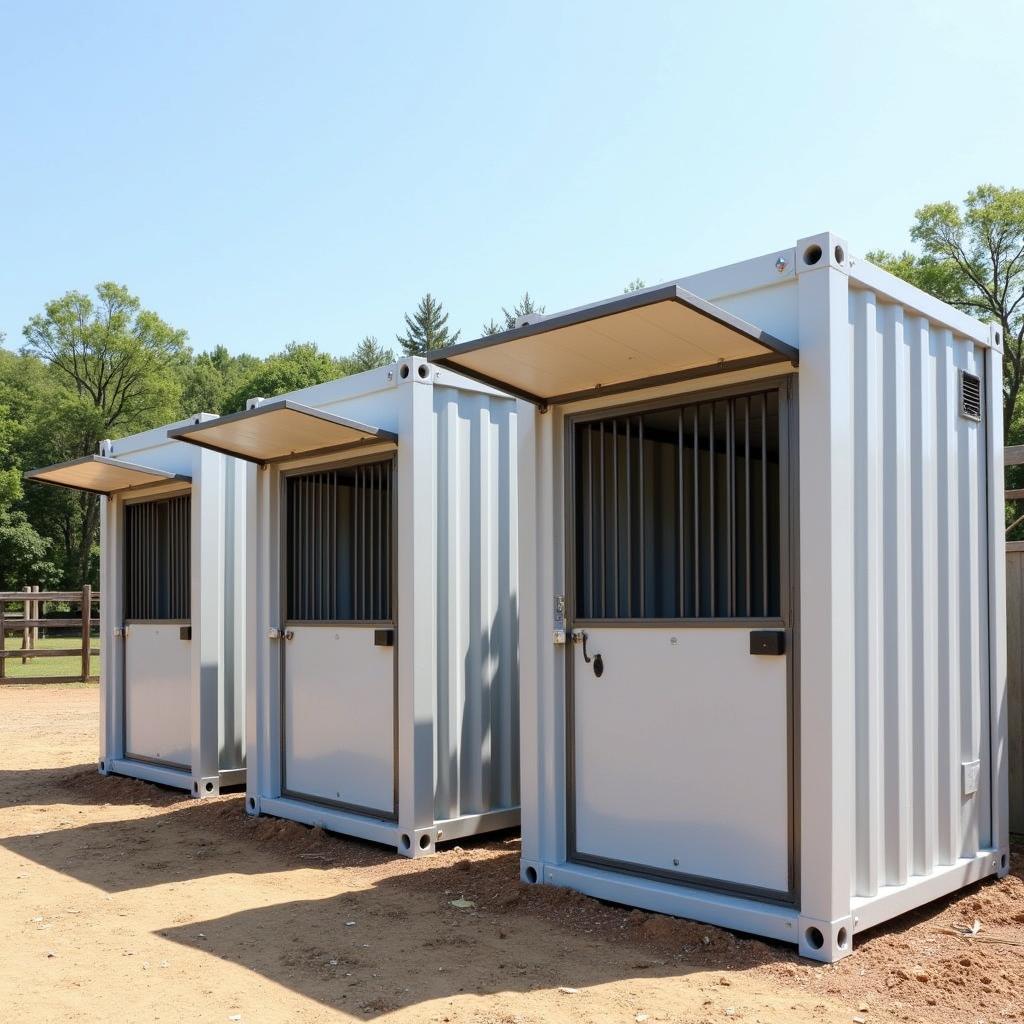 Modern shipping container horse stalls with exterior access doors