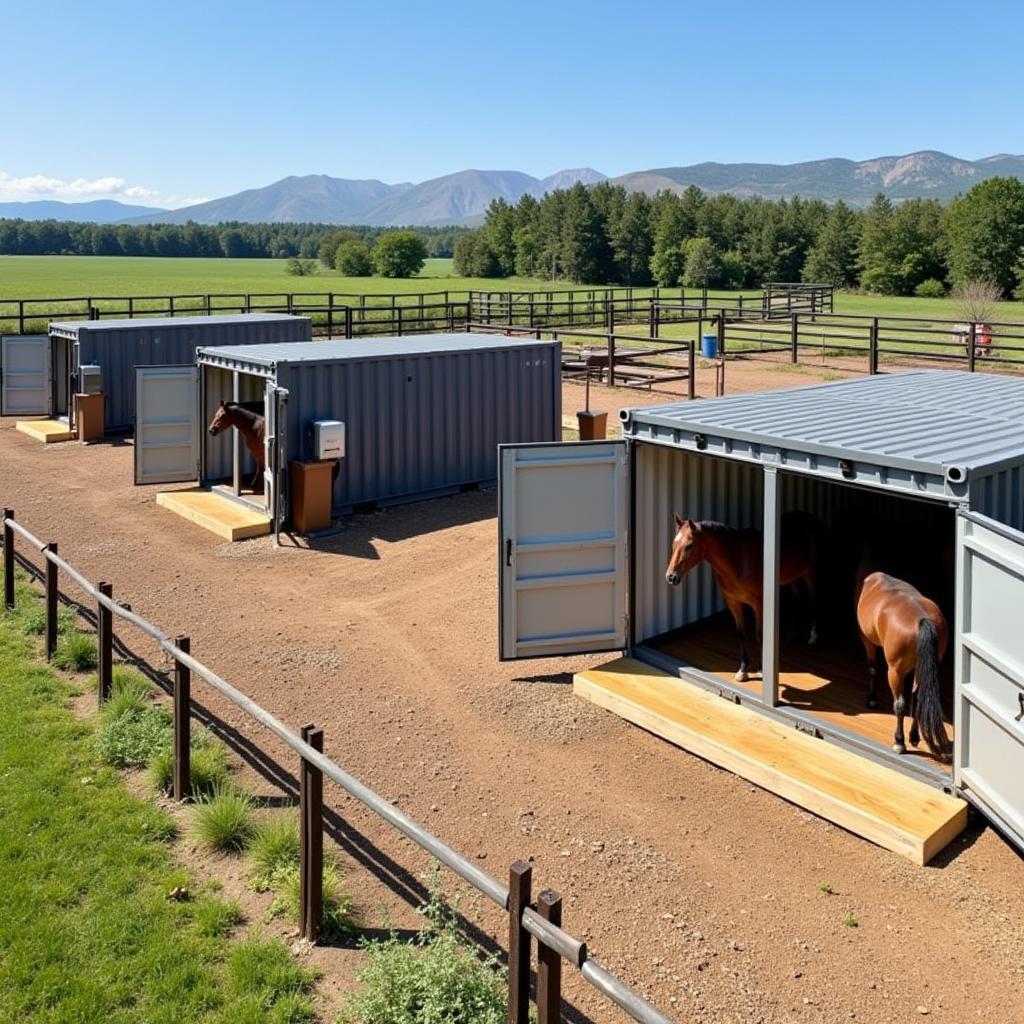 Shipping container horse stalls with attached individual paddocks