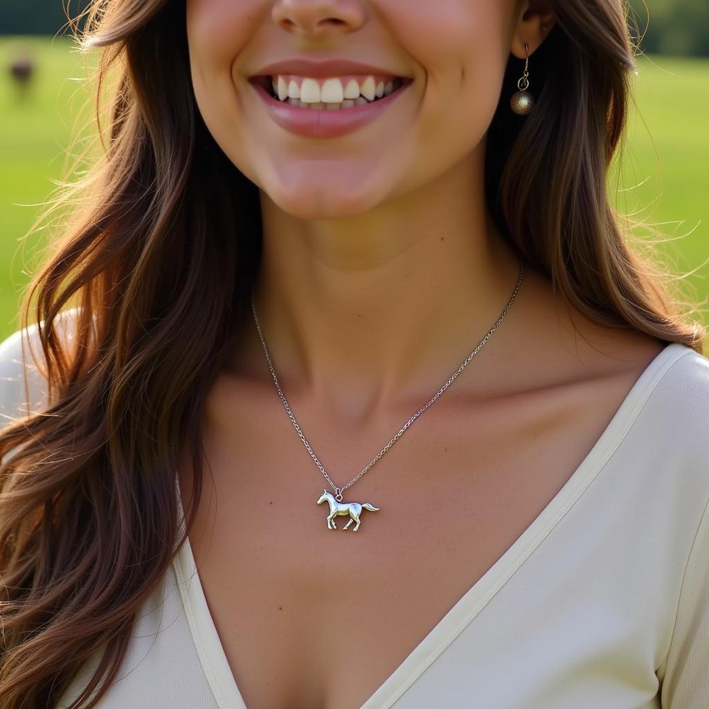 Woman wearing a silver horse necklace