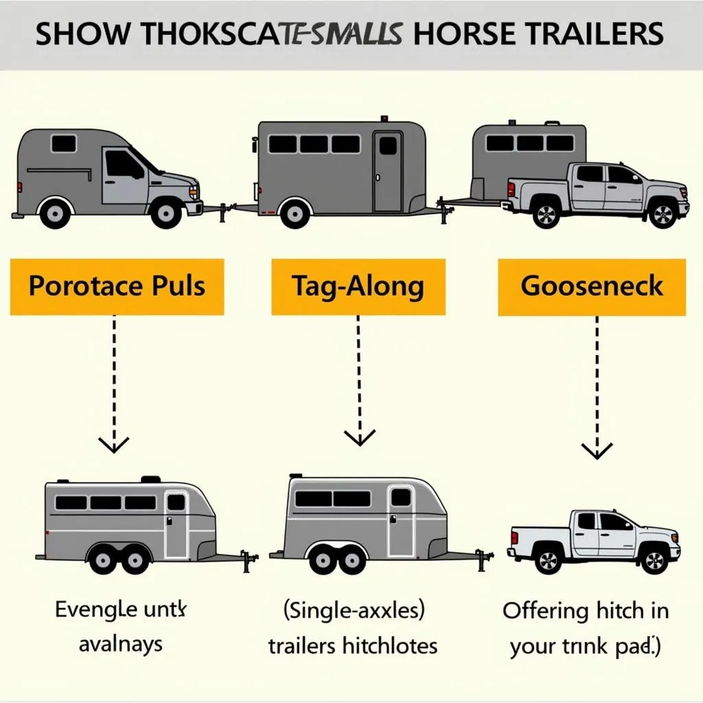 Different types of small horse trailers: bumper pull, tag-along, and gooseneck.