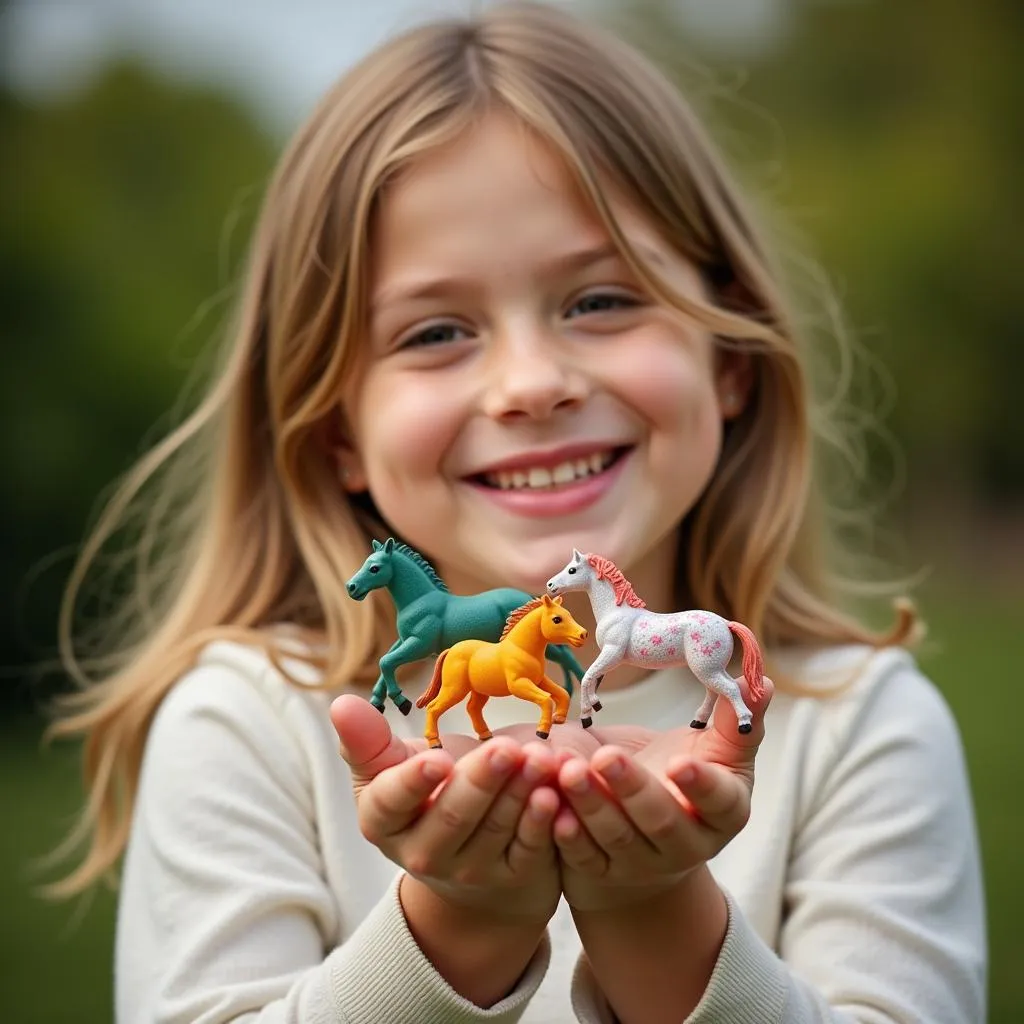 Smiling Girl Holding a Horse Figurine