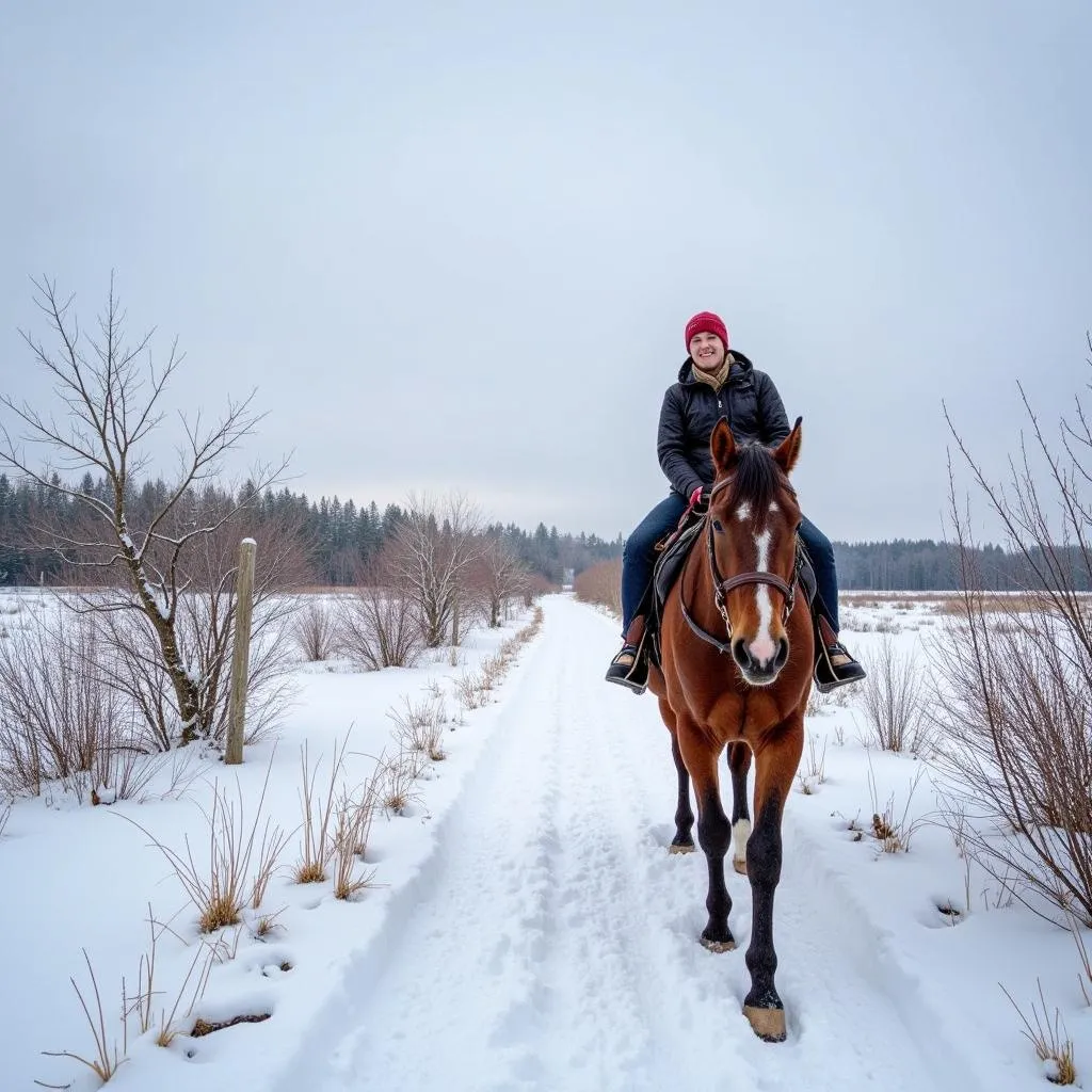 Horse and rider on a snowy trail