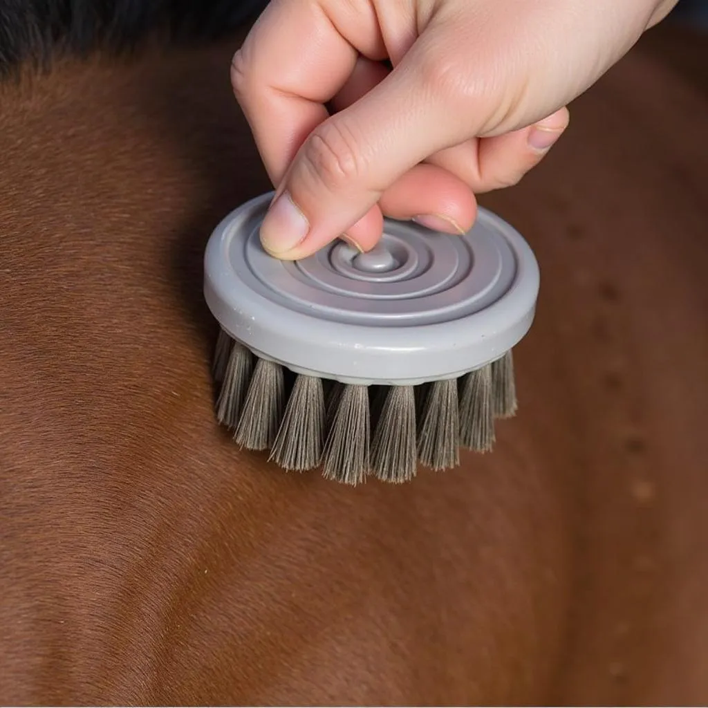 Grooming a horse with a soft brush