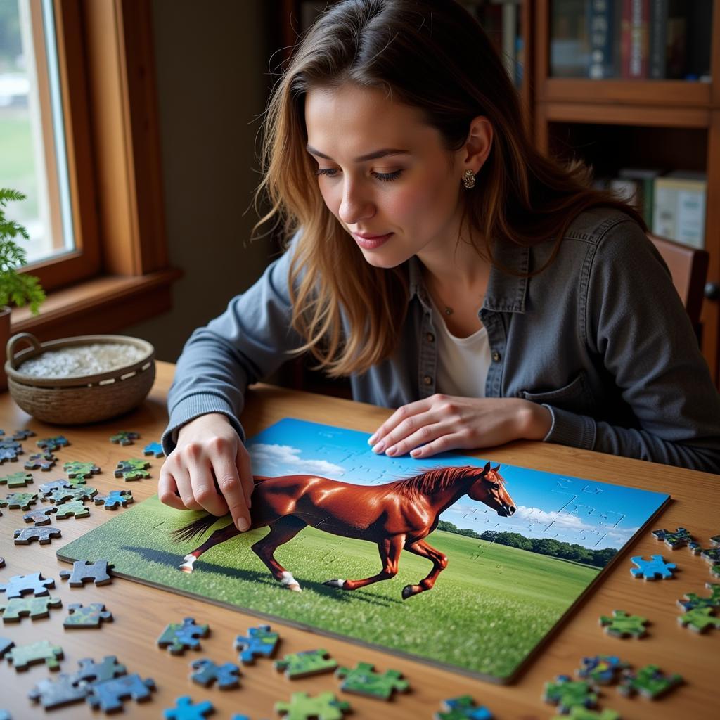 Woman Solving 500 Piece Horse Puzzle