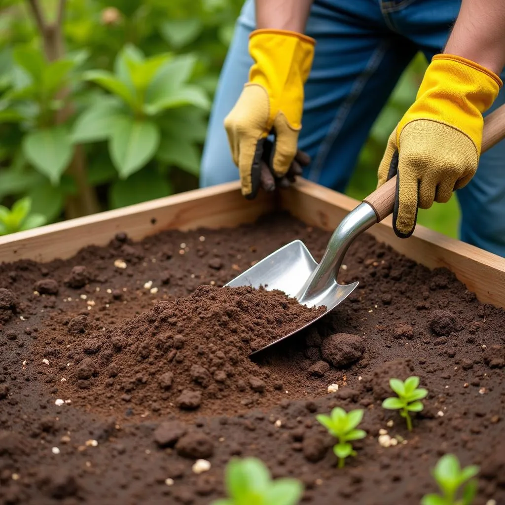 Gardener spreading dried horse manure