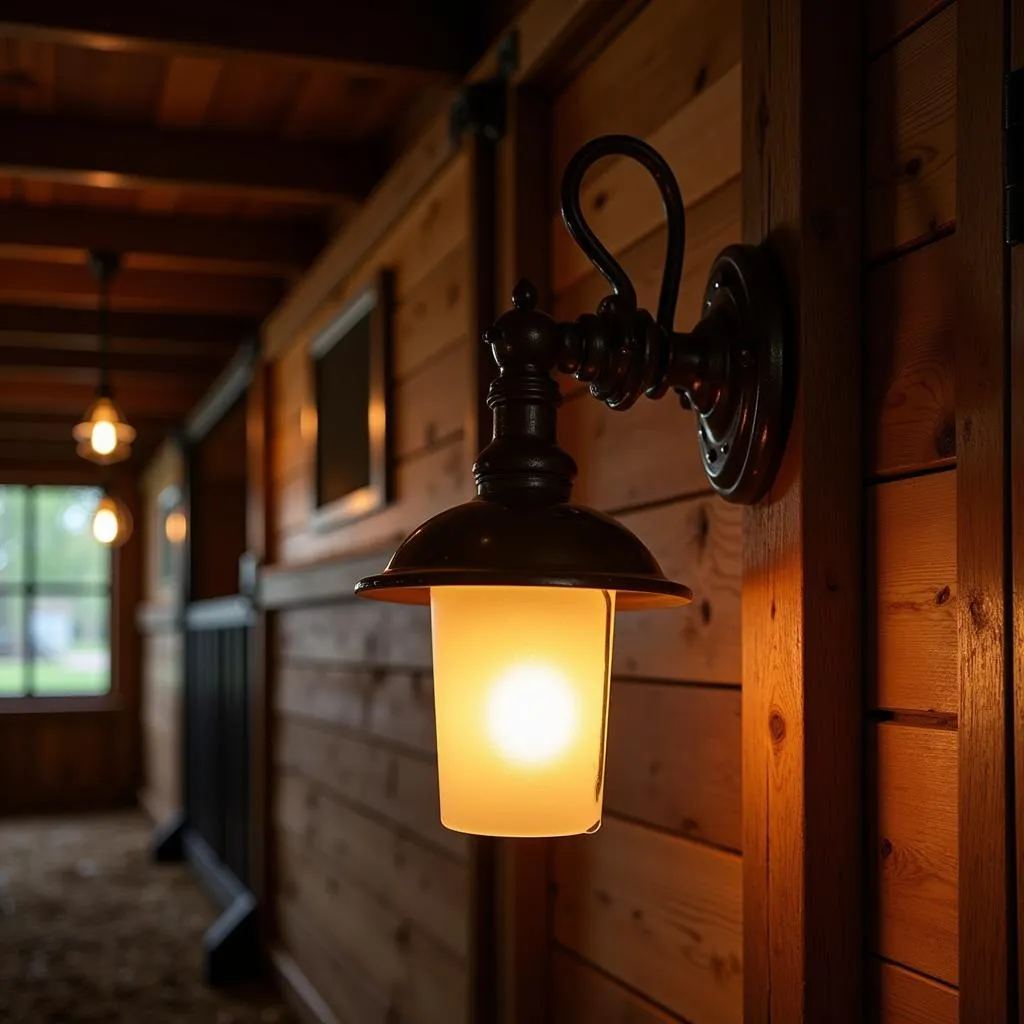 Horse wall light illuminating a stable