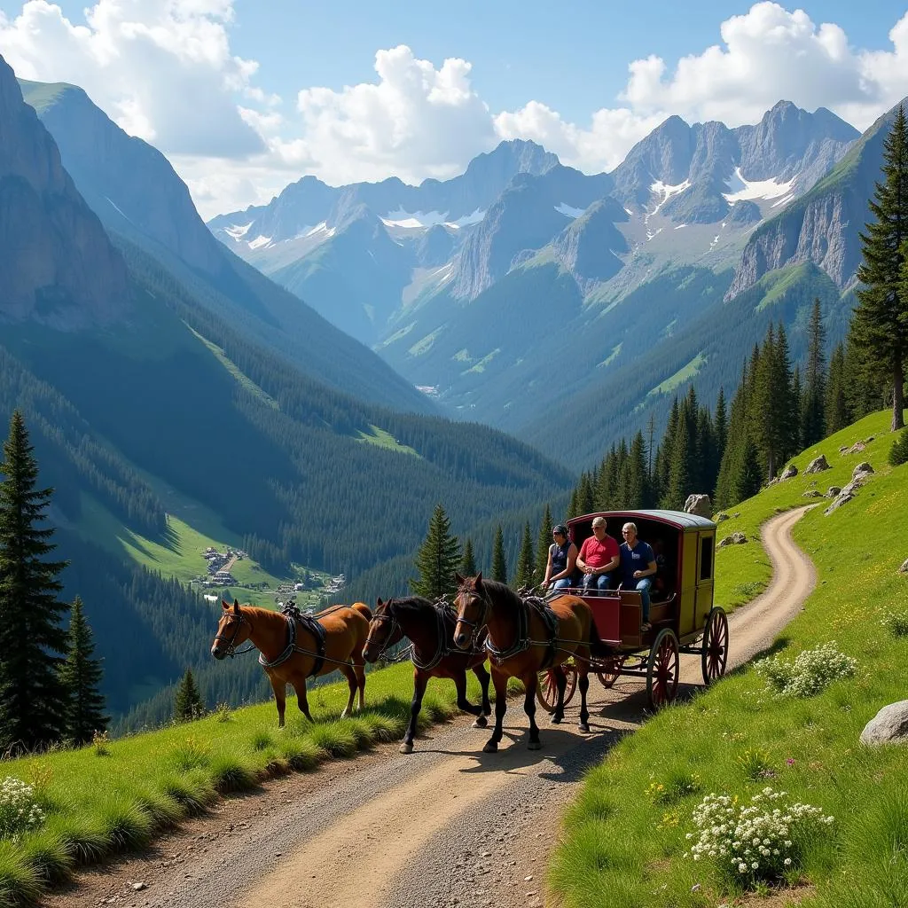 Stagecoach Riders on a Scenic Mountain Trail 