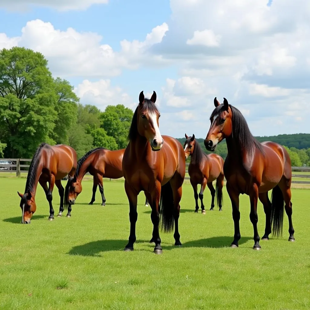 Stallions grazing on a lush pasture