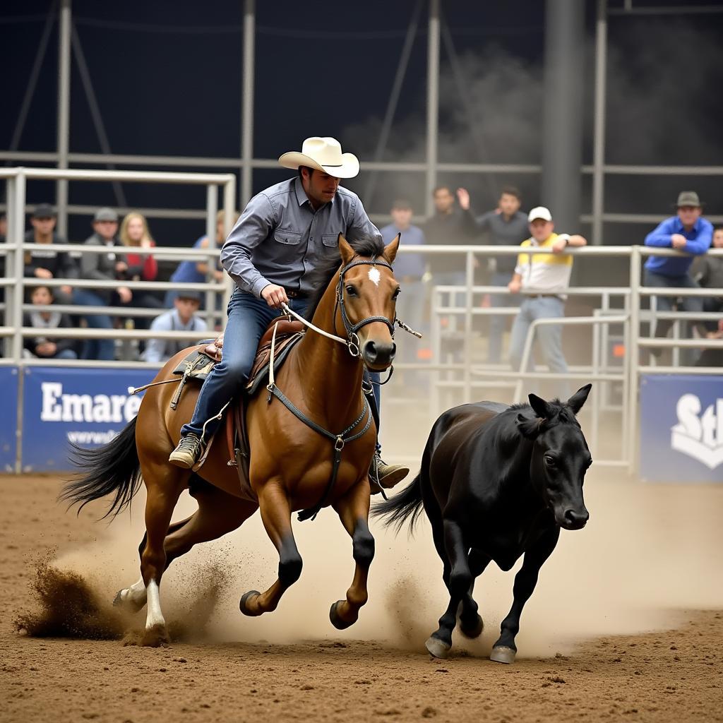 Steer wrestling horse and rider in action at a rodeo