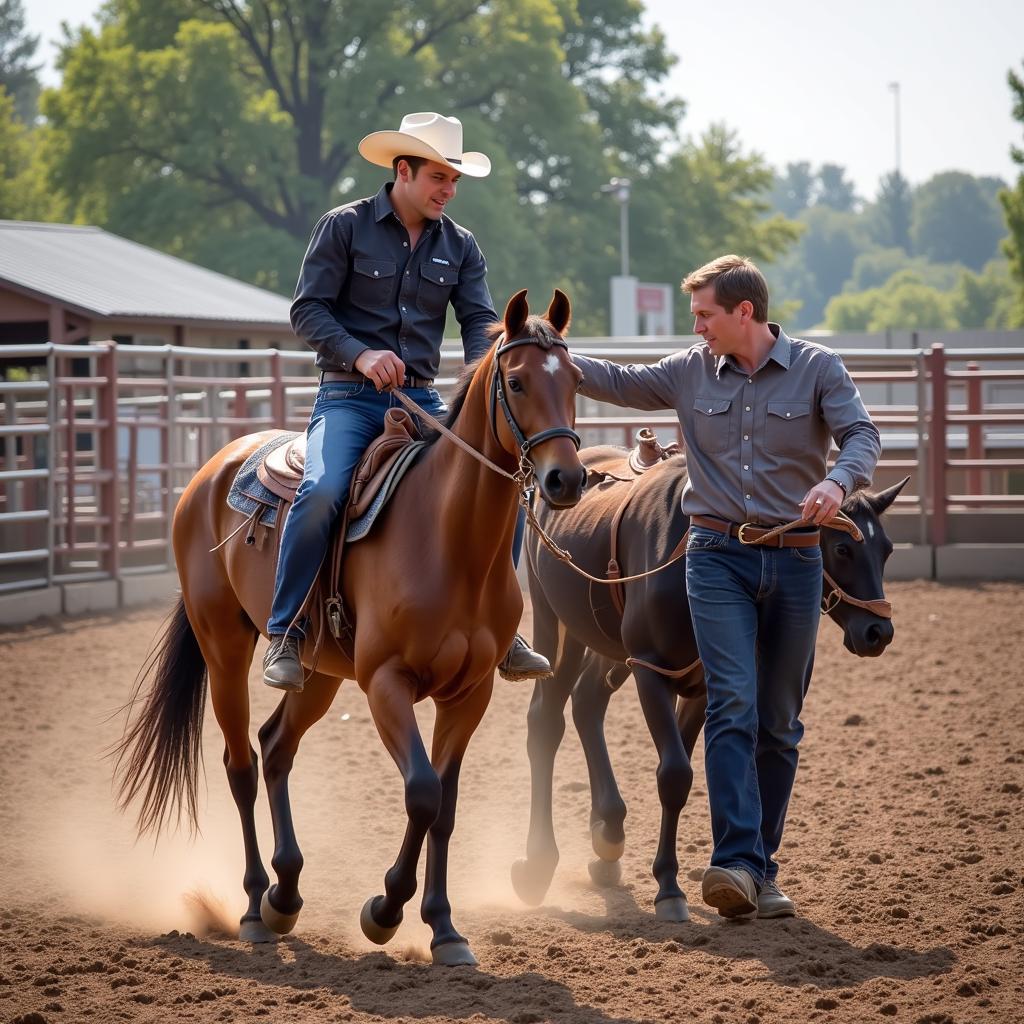 Experienced rider working with a young steer wrestling horse in a round pen