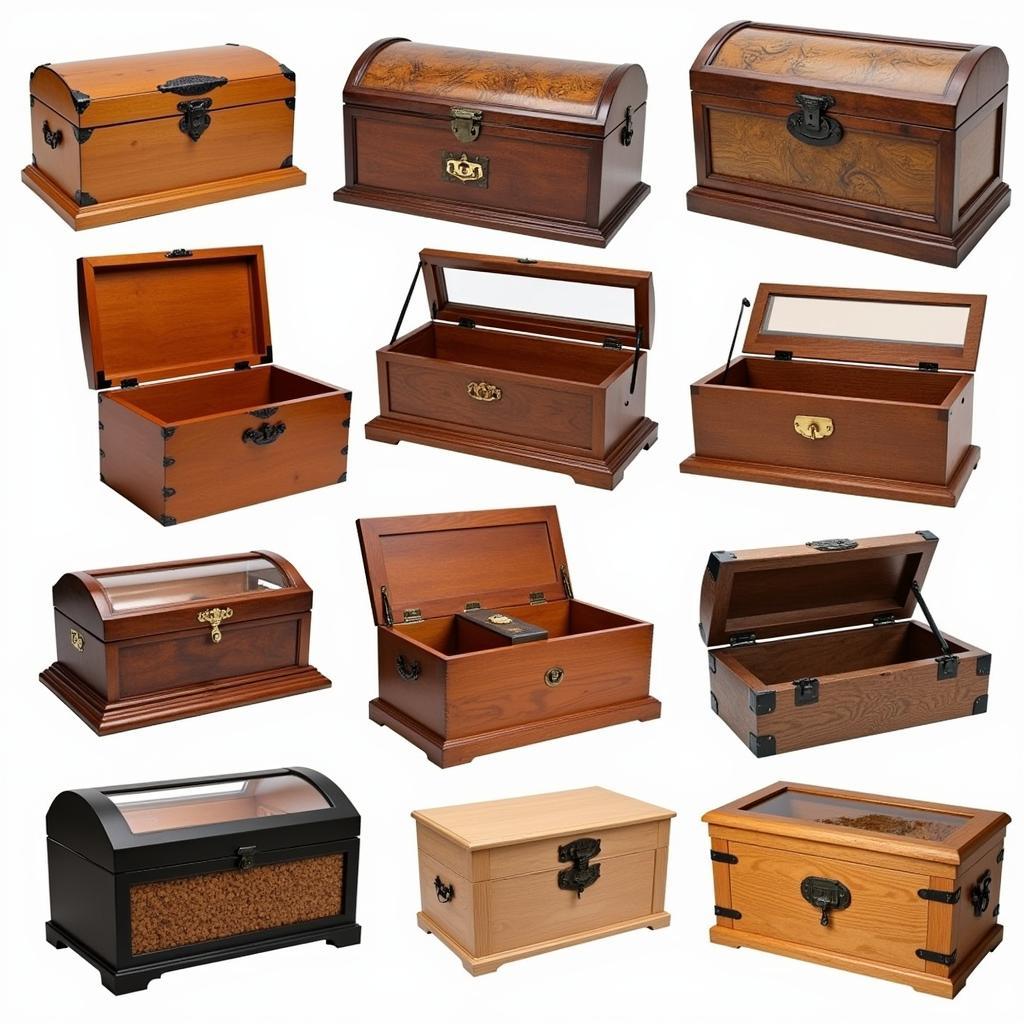 Different styles of wooden tack boxes