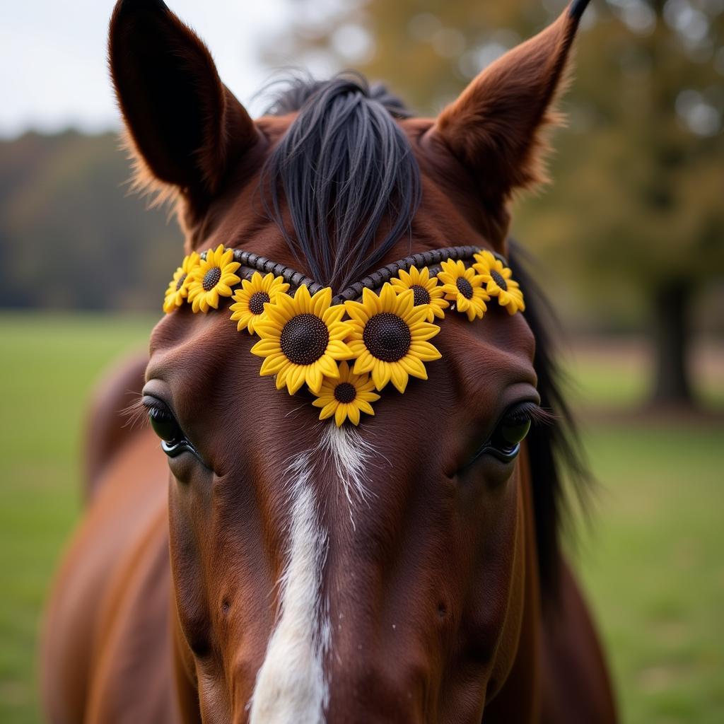 Leather Horse Browband with Sunflower Accents