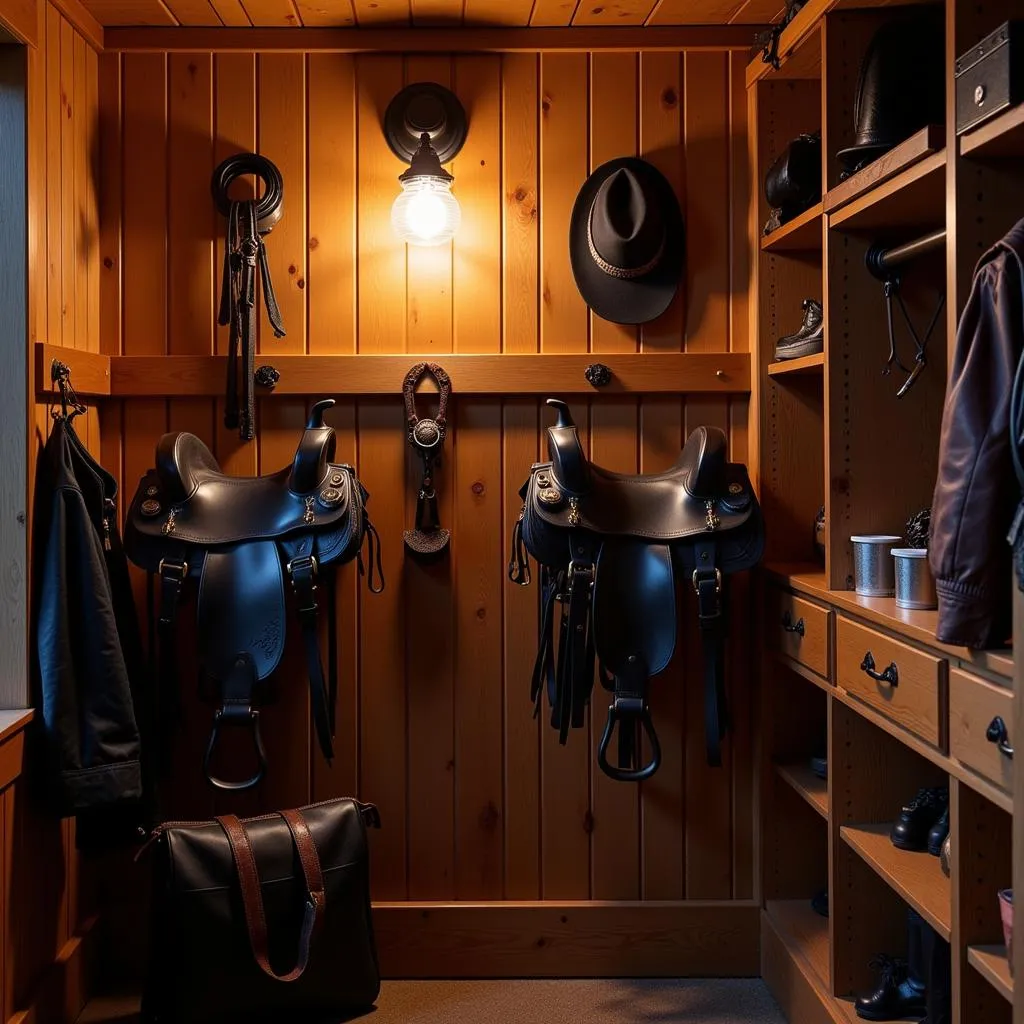 Well-organized tack room with horse wall light