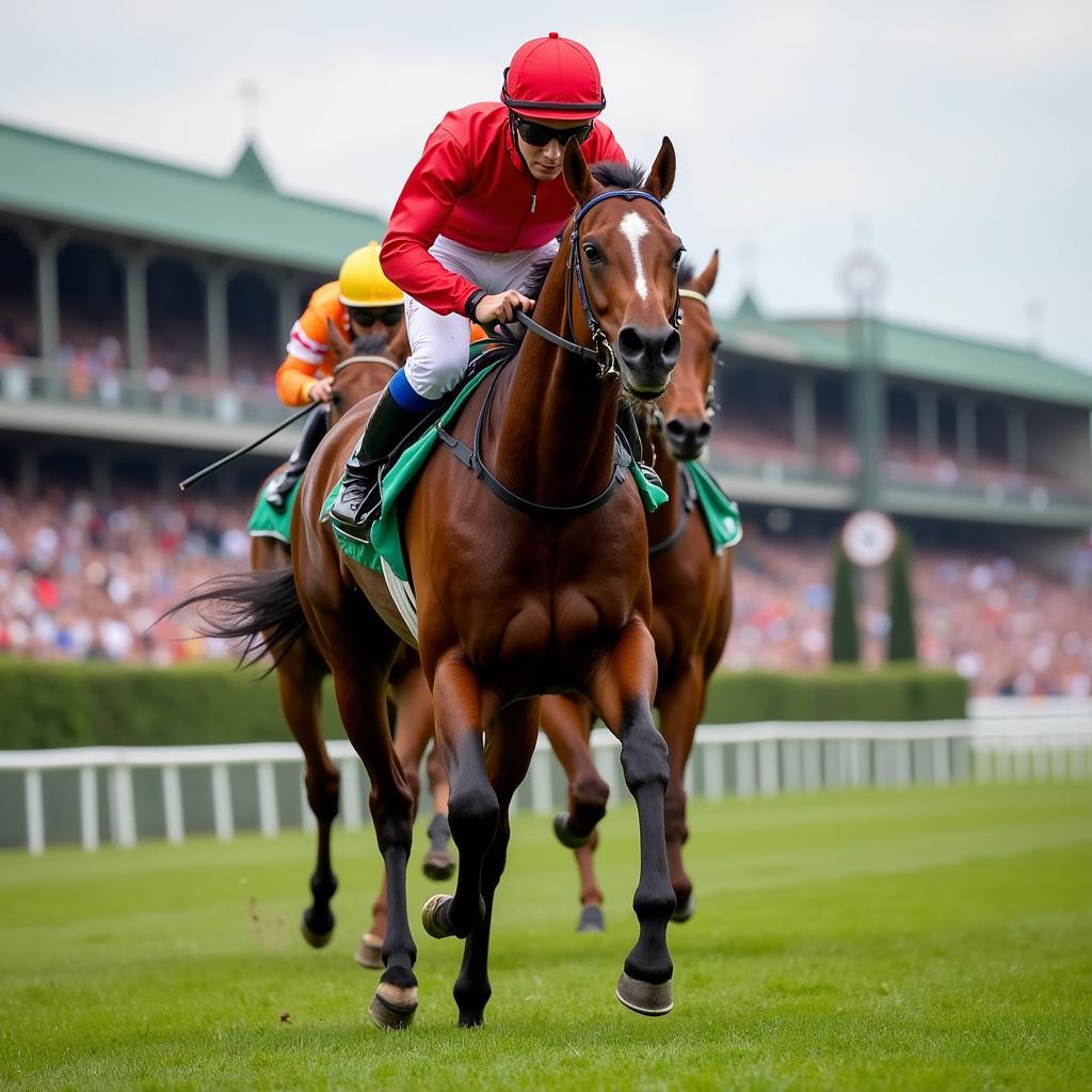 Thoroughbred horse racing at the track.