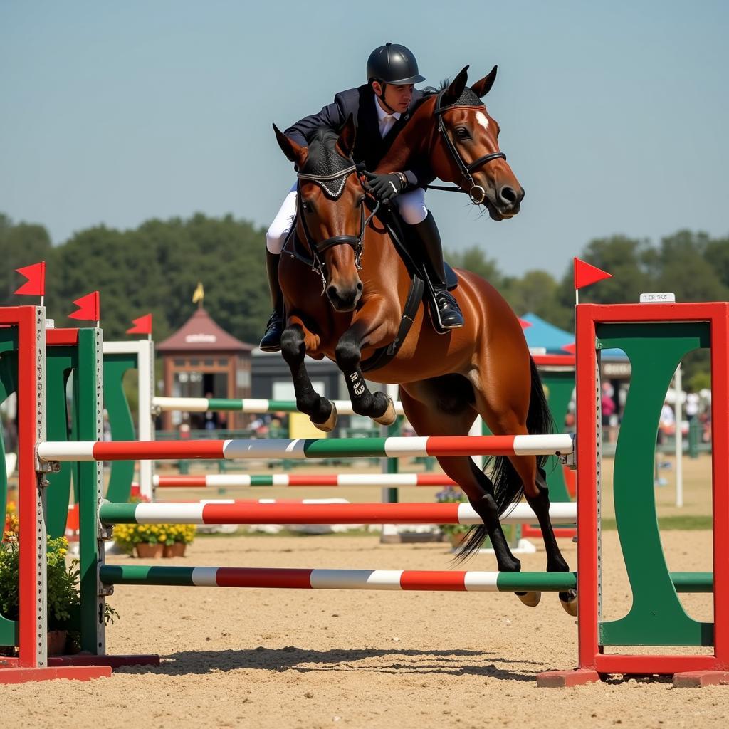 Thoroughbred clearing a jump in a show jumping event