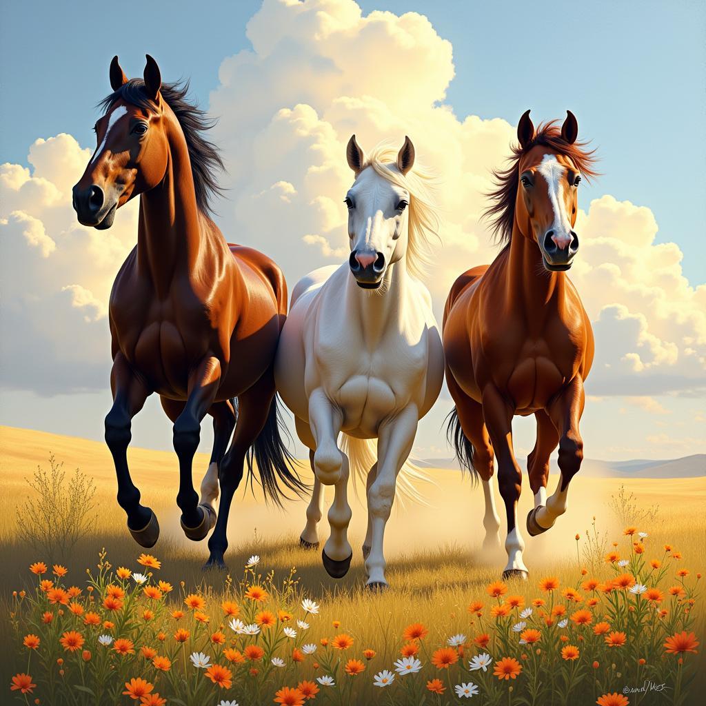 Three Horses Running Through Field