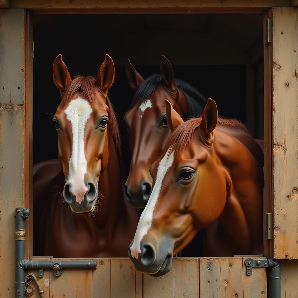 Three Horses Standing Together in Stable