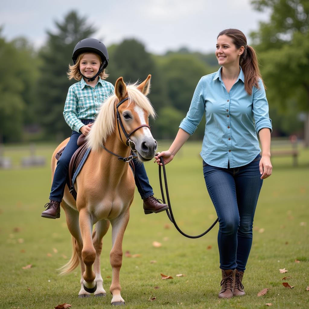 Toddler riding a pony with an instructor