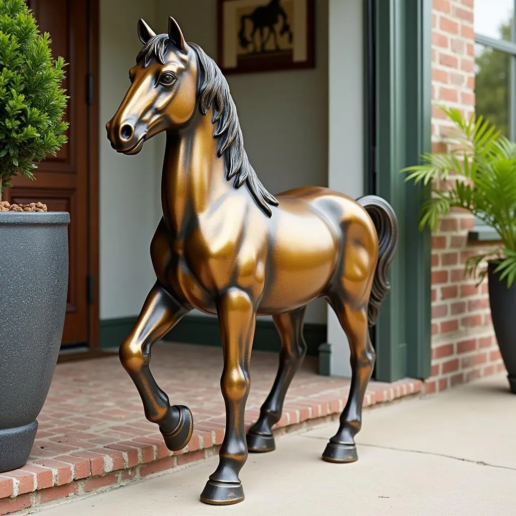 A traditional brass horse statue adding elegance to an indoor setting