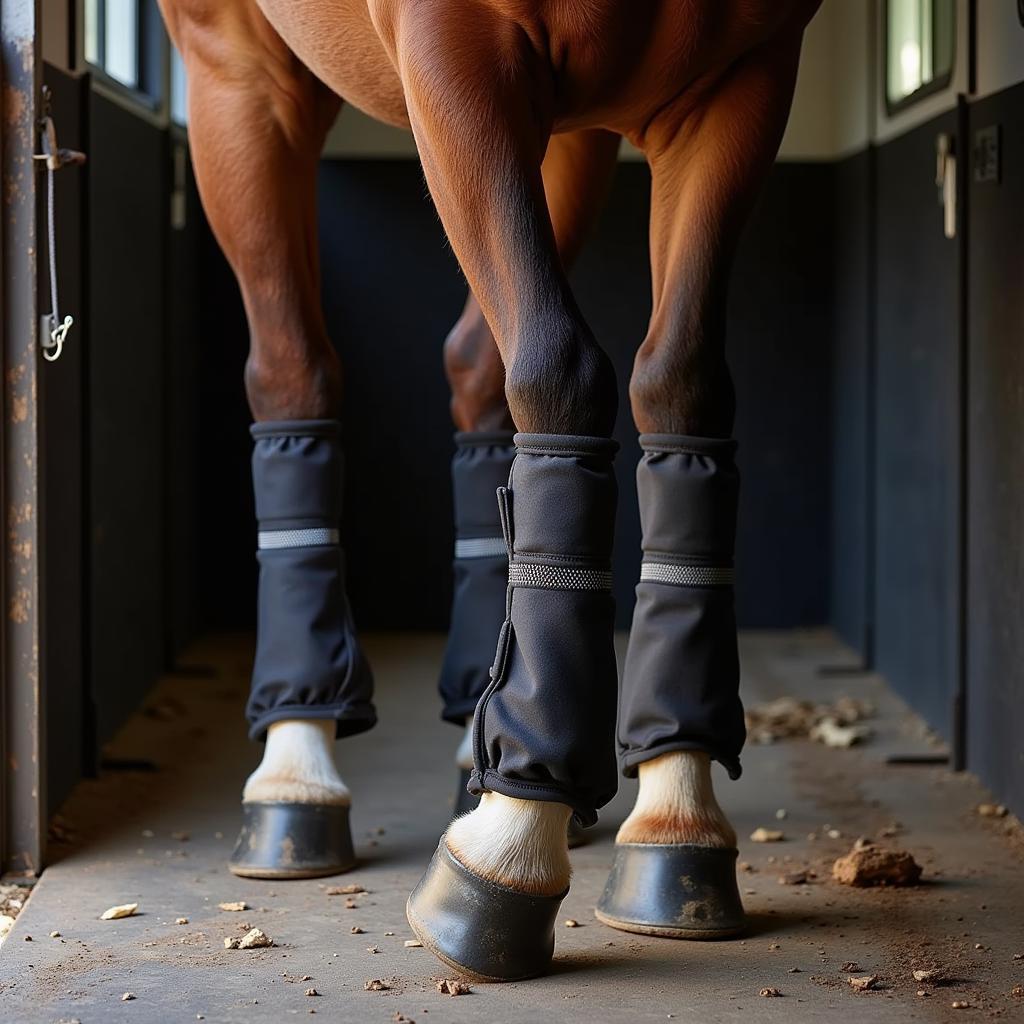 Horse Wearing Travel Boots in Trailer