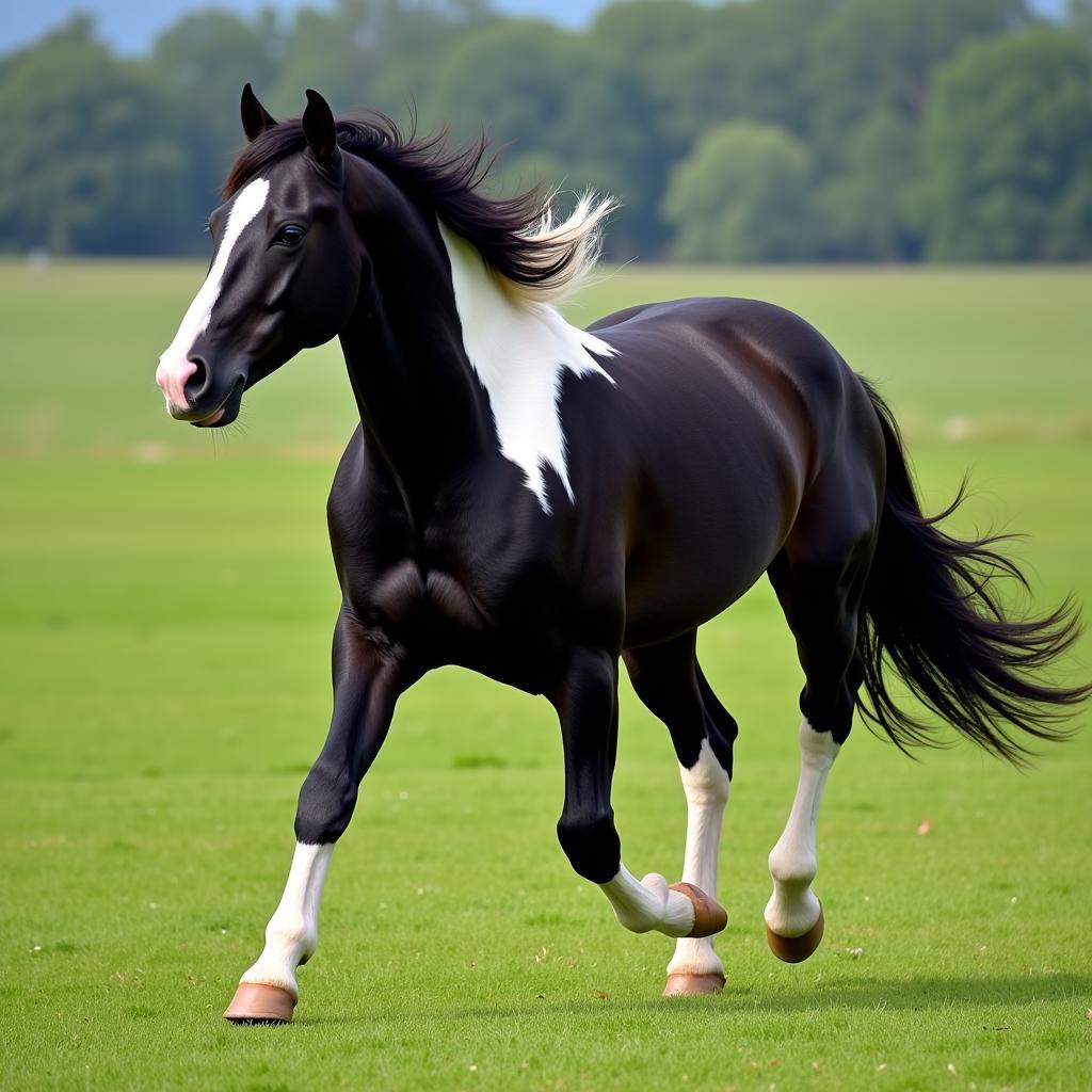 Tuxedo horse running in a field