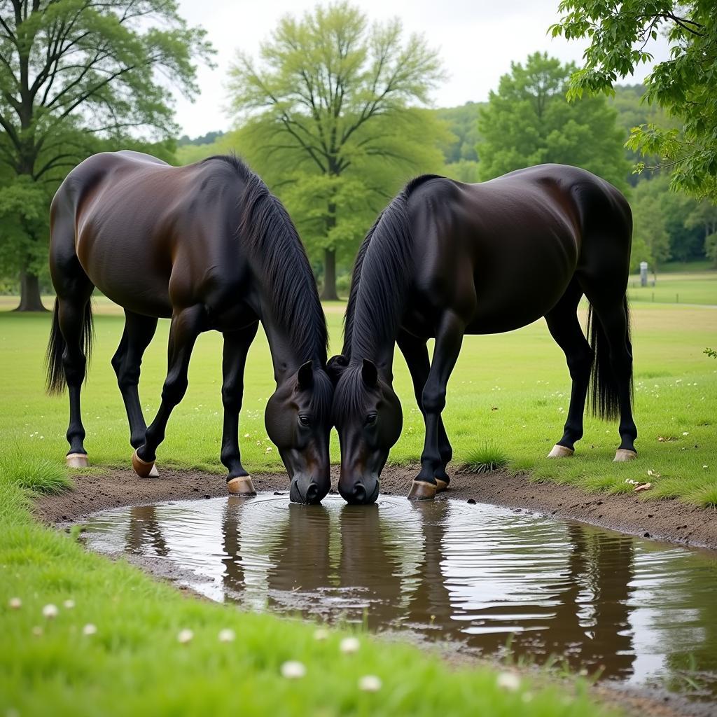 Two black horses peacefully grazing near a water source