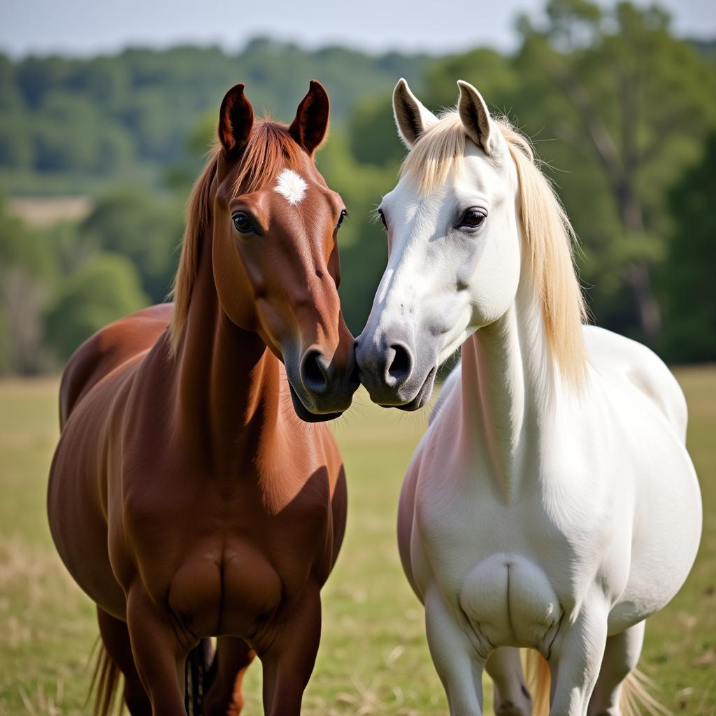 Two horses, one brown and one white, interacting with each other in a pasture