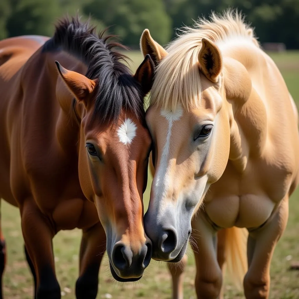 Two horses stand head-to-head in a friendly nuzzle, showcasing their bond.