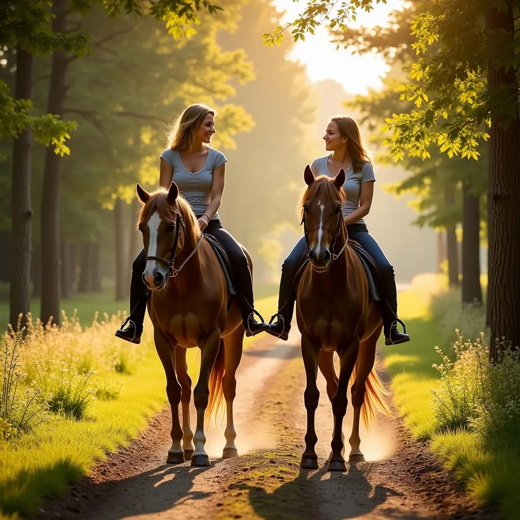 Two riders on horseback enjoying a scenic trail ride through a lush forest.