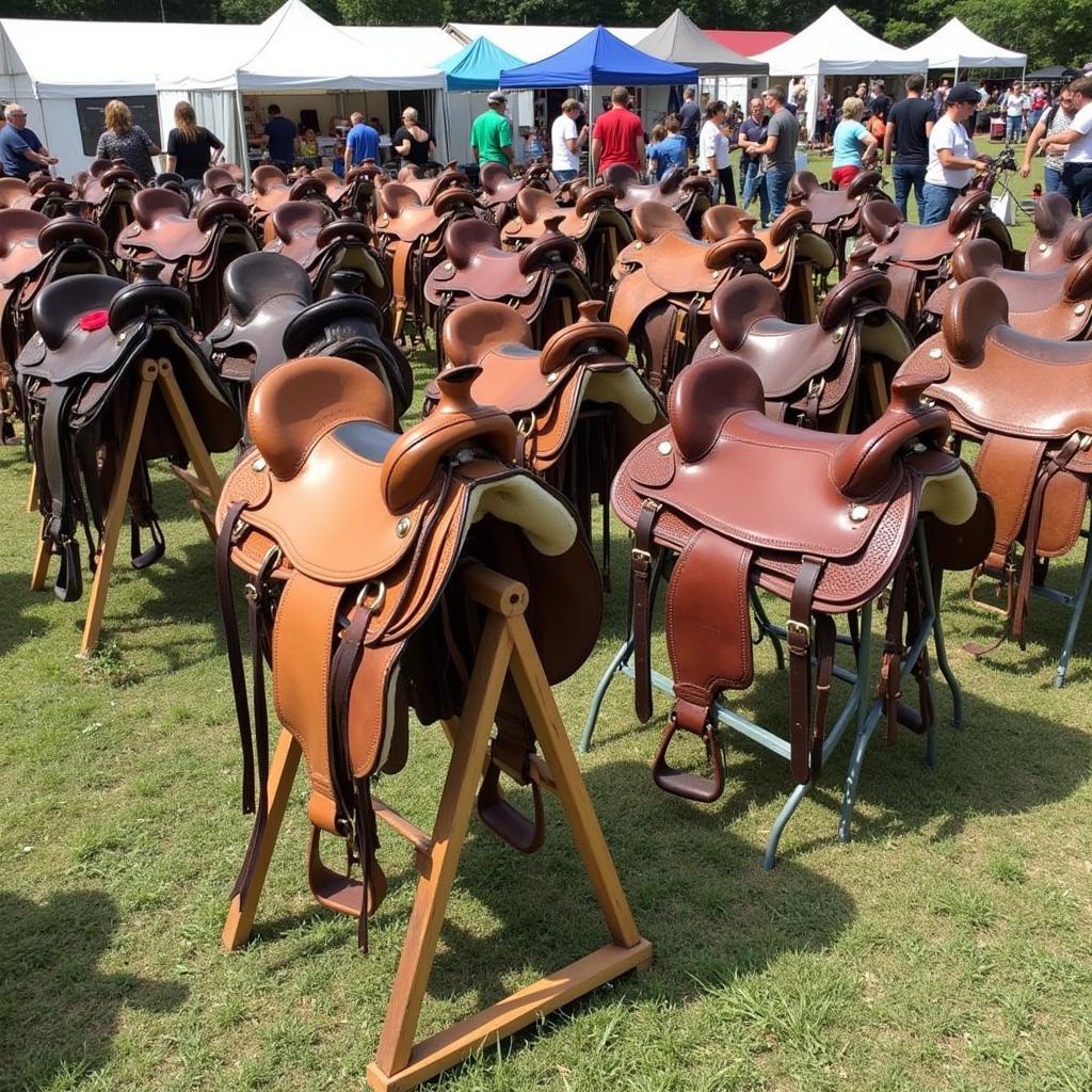 Used horse saddles on display at a tack swap